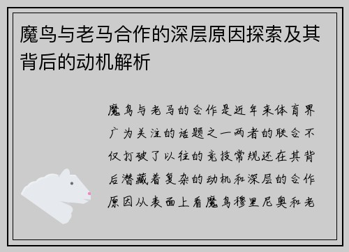 魔鸟与老马合作的深层原因探索及其背后的动机解析 魔鸟与老马合作的深层原因探索及其背后的动机解析