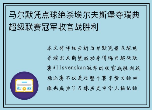 马尔默凭点球绝杀埃尔夫斯堡夺瑞典超级联赛冠军收官战胜利 马尔默凭点球绝杀埃尔夫斯堡夺瑞典超级联赛冠军收官战胜利